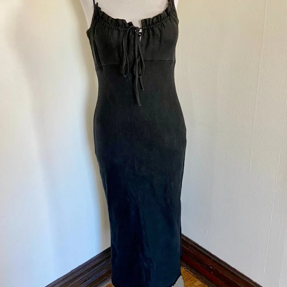VTG 90s 2000 y2k Black Maxi Midi 100% Linen Milk Maid Dress Potrait Tie Sun Med - Picture 4 of 15